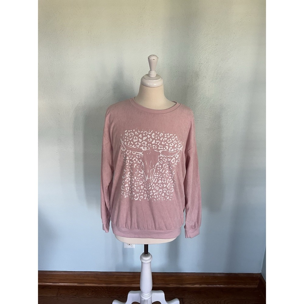 Steer Leopard Print Skull Round Neck Country Fair Long Sleeve Sweater Sz S